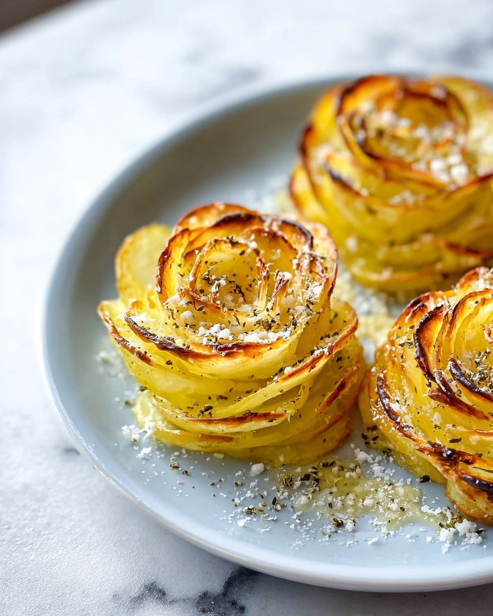 The image shows three potato roses made of thin yellow potato slices, each layered in a circular shape to look like a flower with slightly browned and crispy edges. The potato roses are on a white plate, with small bits of white cheese or seasoning sprinkled on and around them, adding a light texture contrast. The plate is placed on a surface with a white marbled texture. Photo taken with an iphone --ar 4:5 --v 7
