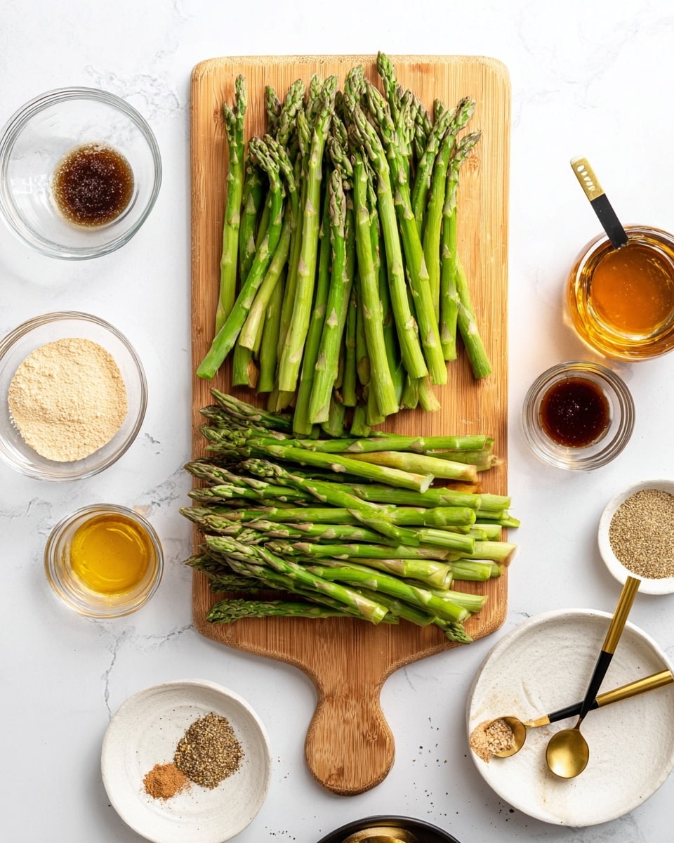 The image shows a wooden cutting board placed on a white marbled surface. On the board, there are two layers of asparagus: a top layer of green asparagus spears arranged neatly with their tips pointing upwards, and a bottom layer of trimmed asparagus ends stacked loosely. Around the cutting board, there are small clear glass bowls and white dishes holding various ingredients, including light beige powder, a golden liquid, dark and amber-colored sauces, and spices. There are also gold and black measuring spoons with small amounts of seasoning next to the board. The composition is bright and clean, with the fresh green asparagus as the main focus. Photo taken with an iphone --ar 4:5 --v 7