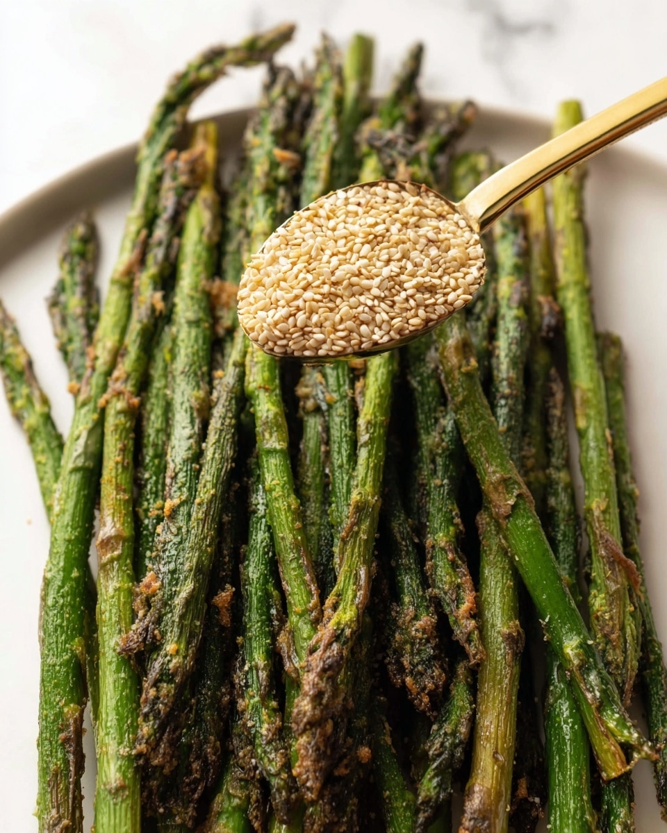 A white rectangular plate holds one layer of green asparagus spears arranged closely in a slightly messy pile. The asparagus is coated with a light beige sauce that shows a grainy texture. Scattered generously over the asparagus and plate edges are small sesame seeds and red chili flakes, adding pops of light tan and dark red colors. The background is a white marbled surface. photo taken with an iphone --ar 4:5 --v 7