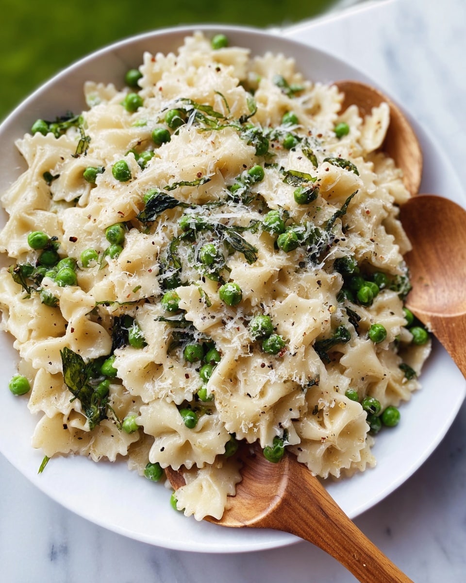 A white plate holds a serving of light cream-colored pasta with ruffled edges and small green peas scattered evenly throughout. Mixed in are small pieces of dark green leafy vegetables. The pasta is topped with a light sprinkling of grated cheese and tiny black pepper flakes. Two wooden forks rest on opposite sides of the plate, one partially inserted into the pasta. The photo is taken with a blurred green background and the plate is placed on a white marbled surface photo taken with an iphone --ar 4:5 --v 7