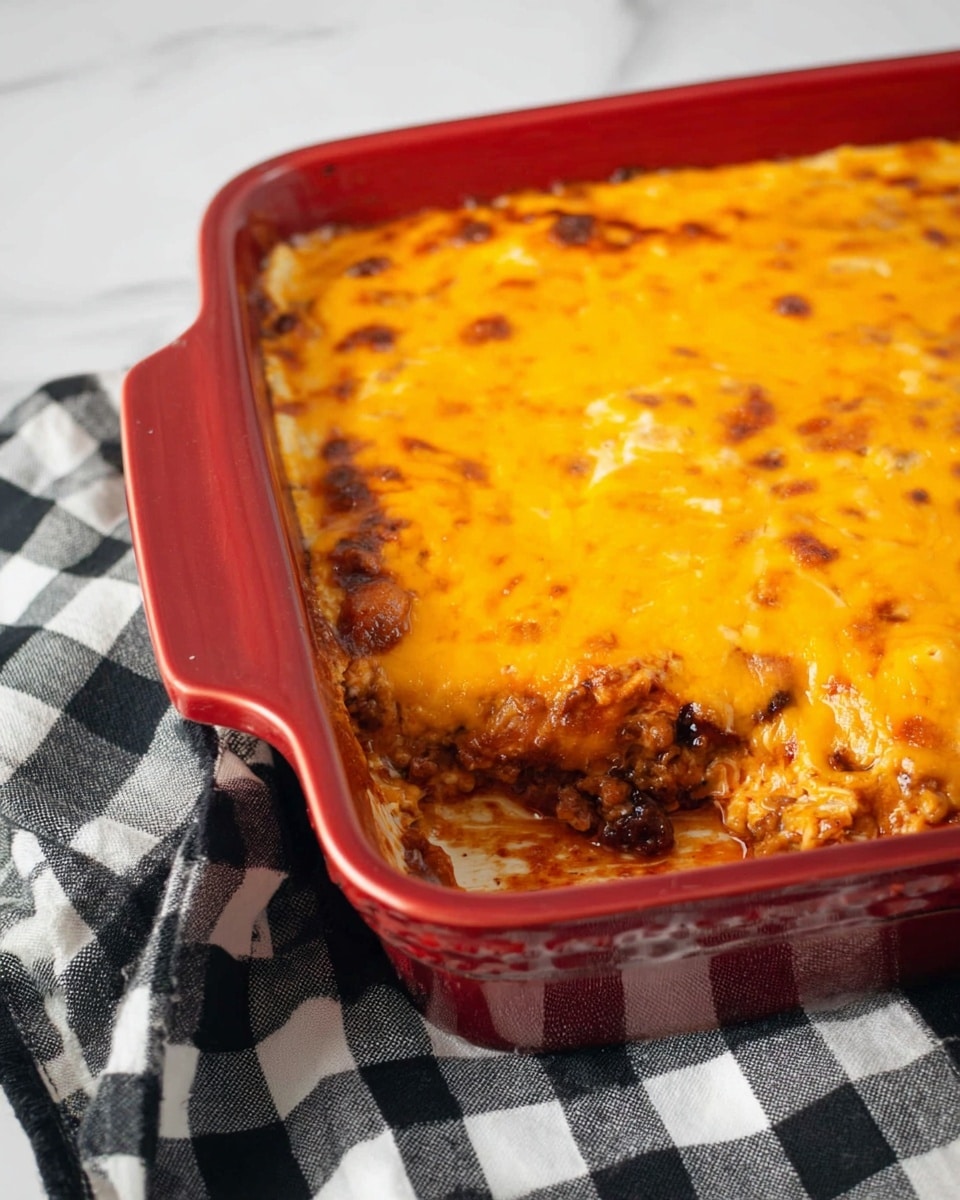 A square piece of baked spaghetti sits in the middle of a white plate, showing long pasta strands coated in red tomato sauce as the base layer, topped by a thick, uneven layer of melted yellow cheese that covers most of the pasta, slightly browned in some spots. The plate is on a white marbled surface with a blue and white checkered cloth and a silver fork nearby. Photo taken with an iphone --ar 4:5 --v 7