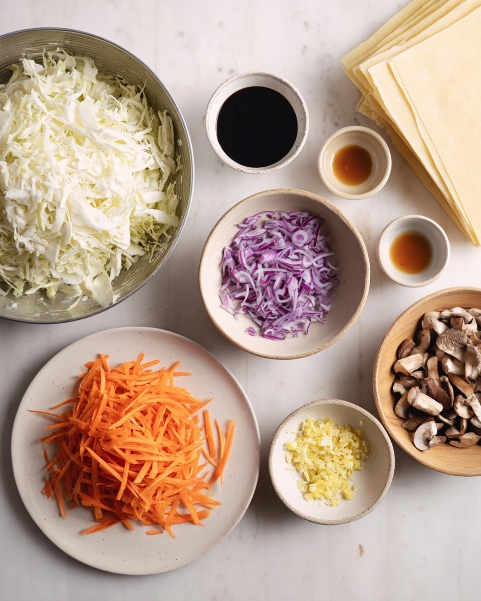 A top-down view of several small bowls and plates arranged on a white marbled surface. On the left is a large silver bowl filled with shredded white cabbage, while below it is a white plate holding thin, orange carrot strips. In the middle is a small light beige bowl with finely chopped purple onions. Surrounding this bowl are three tiny cups holding dark soy sauce and a light brown liquid. To the right, a small white bowl contains chopped brown mushrooms, and next to it are two mini bowls with yellow grated ginger and finely minced garlic. On the far right, a stack of thin, pale yellow sheets of dough lies flat on the surface. photo taken with an iphone --ar 4:5 --v 7