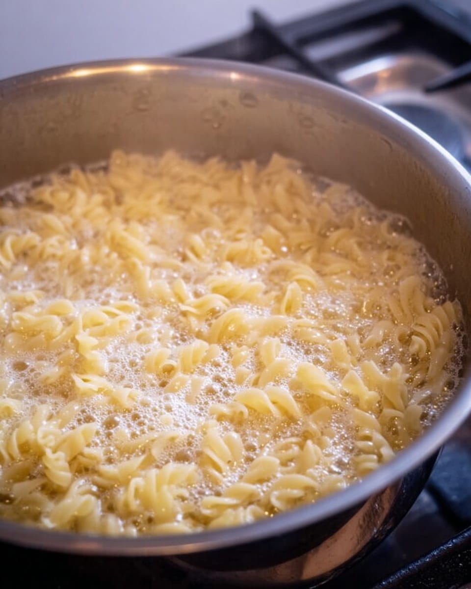 A close-up view of a silver pot on a stove filled with boiling wavy pasta noodles in hot bubbling water. The noodles are light yellow with curly edges and float underneath a layer of small foam bubbles created by the boiling process. The pot's rim is metallic and shiny, with slight reflections. The stove surface and background are not visible, but the overall setting suggests a kitchen environment. Woman's hand is not visible in the image. Photo taken with an iphone --ar 4:5 --v 7