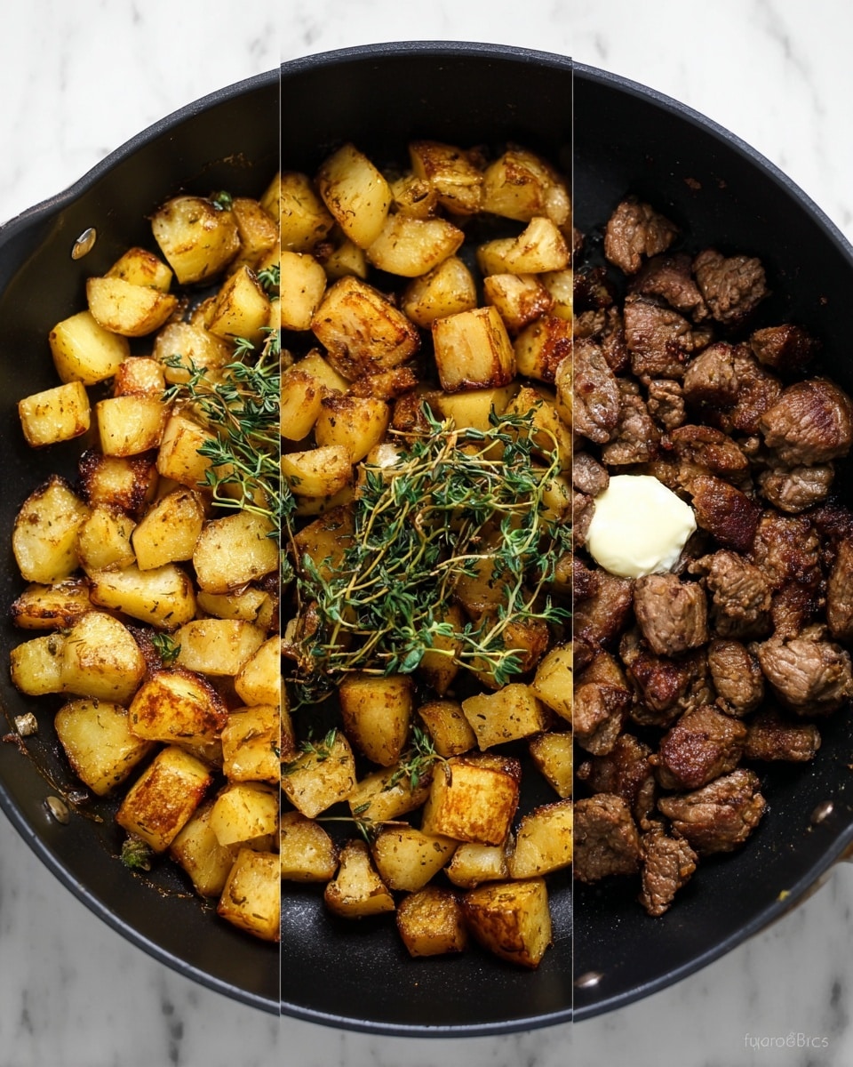 The image shows a close-up of a black pan filled with roasted chunks of golden brown potato pieces and browned beef pieces, mixed evenly. The potatoes have a slightly crispy texture with some darker roasted edges, while the beef pieces show a tender, seared surface with visible grill marks and caramelized bits. Scattered green parsley leaves are on top of the mixture, adding a fresh pop of color and texture contrast. Small bits of garlic are also visible among the meat and potatoes. The pan rests on a white marbled surface. photo taken with an iphone --ar 4:5 --v 7