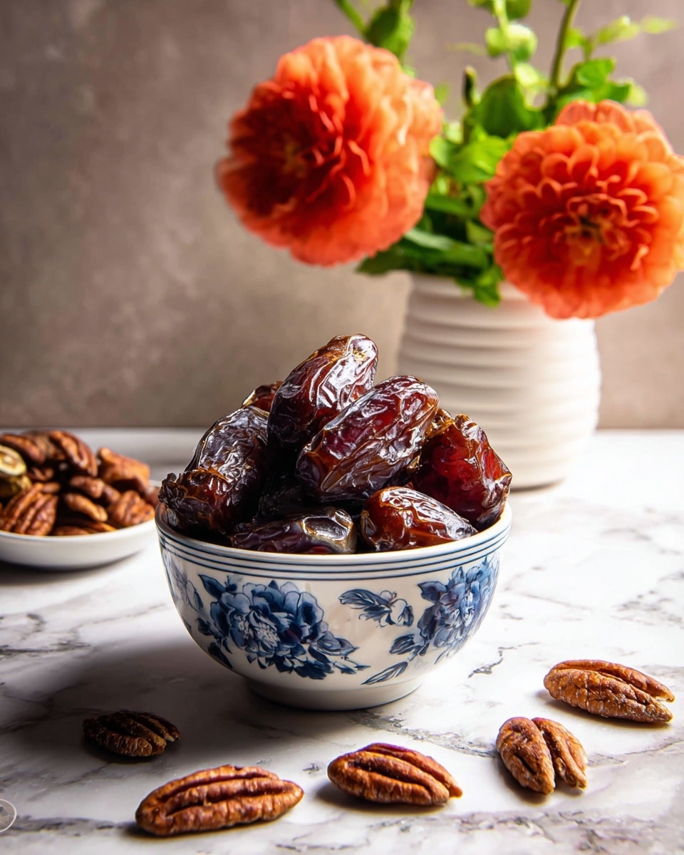 A small white bowl with blue floral designs filled with shiny dark brown dates, piled high and spilling slightly over the edges. Around the bowl on a white marbled surface are scattered pecan nuts with a warm brown color and rough texture. In the background, there is a white pot holding two blooming orange flowers with green leaves, adding a fresh and natural touch. The scene is softly lit, highlighting the textures and colors of the dates, nuts, and flowers. photo taken with an iphone --ar 4:5 --v 7