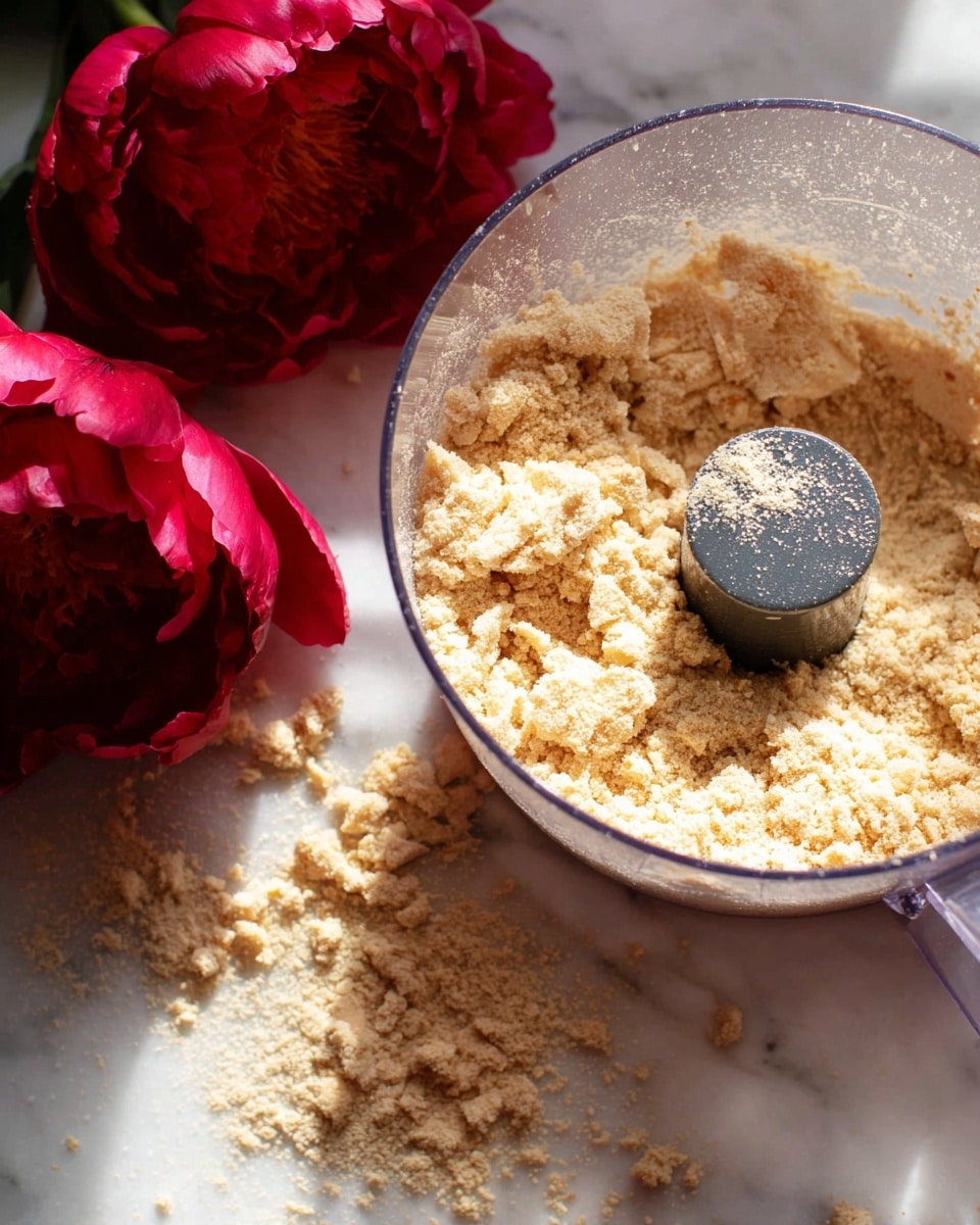 A close-up image shows a clear food processor bowl filled with a single layer of beige crumbly mixture, with small chunks and uneven texture visible throughout. The food processor sits on a white marbled surface, where some of the crumbly mixture has spilled next to it. To the left of the processor, two deep red peony flowers add a bright, vibrant contrast. The scene is lit with natural light, creating soft shadows and a homey atmosphere. photo taken with an iphone --ar 4:5 --v 7