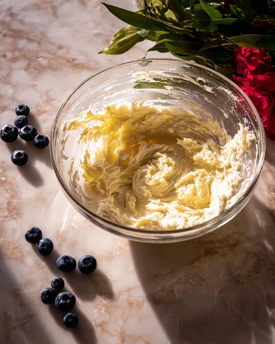 A clear glass mixing bowl sits on a white marbled surface, containing a creamy, light yellow soft mixture with a smooth yet slightly fluffy texture streaked around the inside edges. Scattered near the bowl are a few fresh blueberries, deep blue and round, and green leaves with a bright red flower nearby, adding natural color contrast to the scene. The lighting creates warm shadows and highlights on the mixture and surface. photo taken with an iphone --ar 4:5 --v 7
