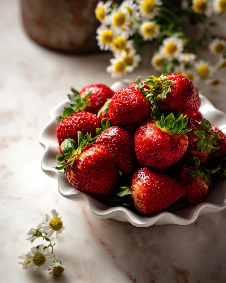 A white scalloped bowl filled with many bright red strawberries with fresh green leaves still attached, the strawberries have a shiny, textured surface and look fresh and ripe. The bowl sits on a white marbled surface, and in the background, there are small white and yellow flowers slightly out of focus, adding a natural, soft touch to the image. Photo taken with an iphone --ar 4:5 --v 7