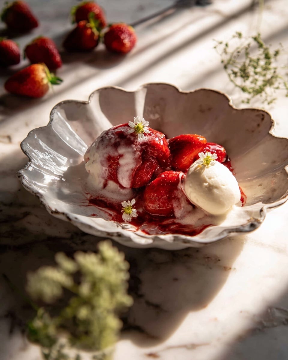 A round strawberry galette with a golden, flaky crust edges a thick layer of bright red cooked strawberries that cover the entire top surface. On the middle sits a single scoop of creamy white vanilla ice cream starting to melt slightly, spreading a small pool of light cream color onto the strawberries. The galette sits on white parchment paper over a vintage metal baking tray, all placed on a white marbled surface. Nearby, a vintage wooden-handled knife rests next to the tray, and a few fresh strawberries can be seen blurred in the background photo taken with an iphone --ar 4:5 --v 7