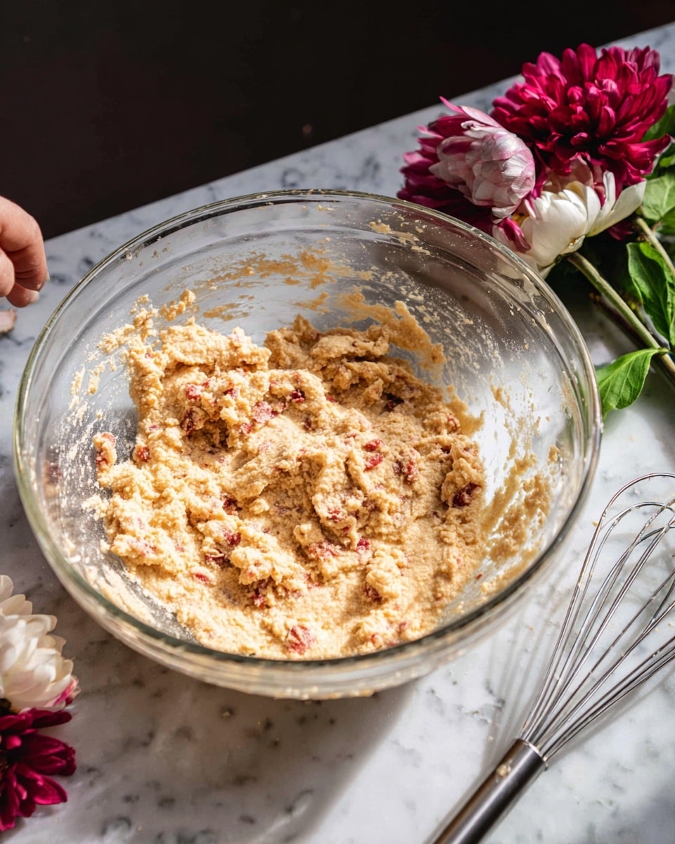 In a clear glass bowl on a white marbled surface, there is a thick, lumpy mixture with light beige and reddish bits throughout, showing a rough and sticky texture. The bowl is partly full, with some batter stuck lightly on the sides. Next to the bowl on the right, there is a metal whisk with traces of the same mixture, resting against the surface. In the background, two deep pink and white flowers with green leaves add color and balance to the scene. The photo is taken with an iphone --ar 4:5 --v 7