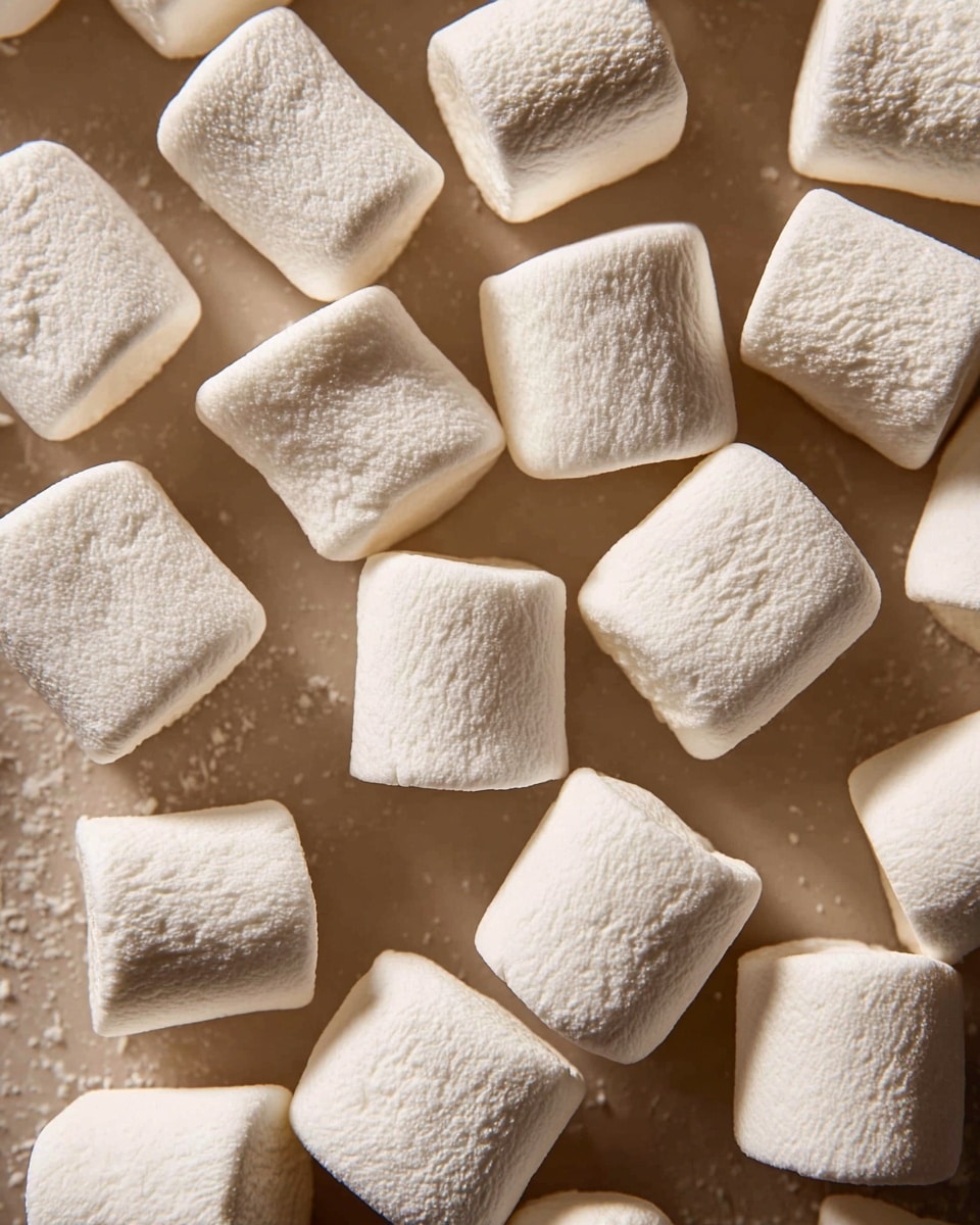 A close-up view of many small, soft, white marshmallows scattered loosely over a light brown surface with a slightly rough texture. Each marshmallow is square or round with smooth, pillowy edges and a matte finish showing tiny dimples and soft shadows. The marshmallows fill most of the frame with even lighting highlighting their soft and fluffy look. Photo taken with an iphone --ar 4:5 --v 7