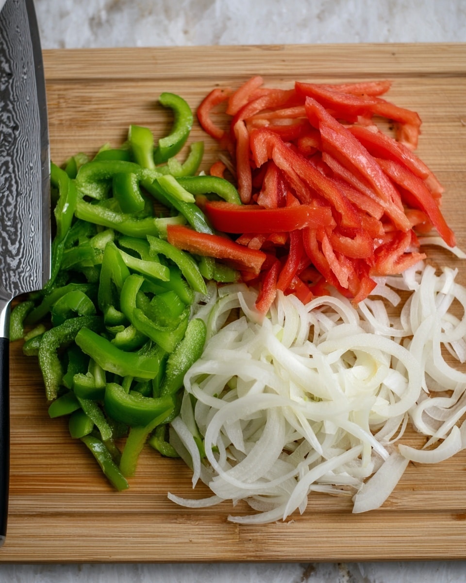 This image shows three layers of sliced vegetables on a light brown wooden board. On the left side, there is a layer of bright green pepper pieces, which are cut into thin irregular strips. In the middle, there is a layer of red pepper strips, also thin and long, placed close to the green peppers. On the right side, thin white onion rings form the third layer, spread out in loose curls. A knife with a silver patterned blade and a black handle is positioned on the top left corner of the board. The background under the board should be imagined as a white marbled texture. photo taken with an iphone --ar 4:5 --v 7