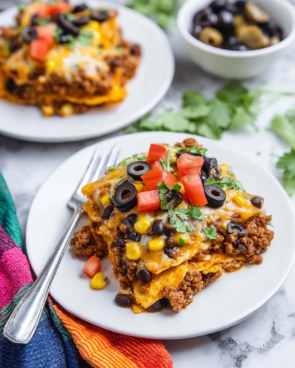 A black cast iron skillet filled with a layered dish featuring a base of cooked ground meat mixed with corn and black beans, topped with a thick bright orange melted cheese layer. On top, there are scattered black olive slices and small diced red tomato pieces. A wooden spatula is lifting a portion, showing layers of cheesy melted texture stretching as it pulls away, revealing the rich mix of beans, meat, and cheese underneath. All is placed on a white marbled surface with a blurred colorful cloth in the background. Photo taken with an iphone --ar 4:5 --v 7