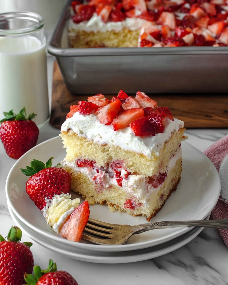 A slice of strawberry shortcake sits on a white plate, showing three clear layers: a light yellow cake base with small bits of red strawberries inside, a smooth white cream layer above it, and a topping of bright red chopped strawberries scattered on top. A fork with a small bite of cake and cream rests on the plate, near a halved fresh strawberry. Behind the plate, there is a metal baking tray filled with more strawberry shortcake, and a glass of milk sits to the left on a wooden surface. The background features a white marbled texture. Photo taken with an iphone --ar 4:5 --v 7