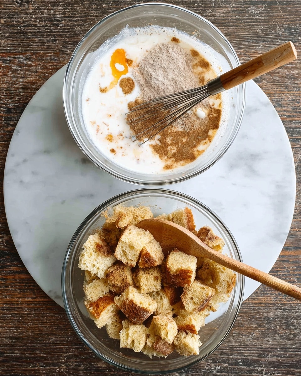 Two clear glass bowls are shown on a white marbled surface. The first bowl (left) contains a mix of liquids and spices; mostly white milk with dustings of brown cinnamon and beige sugar, and a small splash of orange, with a wooden-handled whisk inside. The second bowl (right) is filled with many uneven chunks of light golden bread, and a wooden spoon rests on the edge. Both bowls show a rough, natural texture in their contents. photo taken with an iphone --ar 4:5 --v 7