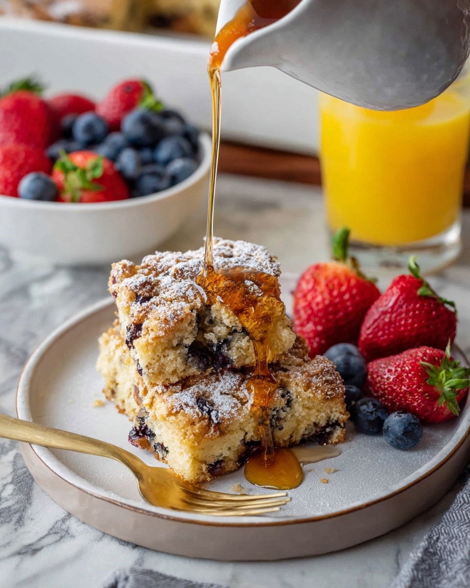 The image shows a white rectangular baking dish filled with a breakfast casserole that has two main layers: a golden-brown baked bread layer with a soft, fluffy texture mixed with dark blue blueberries, and a crumbly, light brown streusel topping dusted with white powdered sugar evenly spread over the top. A golden spoon lifts a portion from the corner, showing the soft inner bread with blueberries and a crunchy topping on the surface. Around the dish, there are some fresh red strawberries and blueberries in a white bowl and a glass of orange juice in the background, all placed on a white marbled surface. Photo taken with an iphone --ar 4:5 --v 7