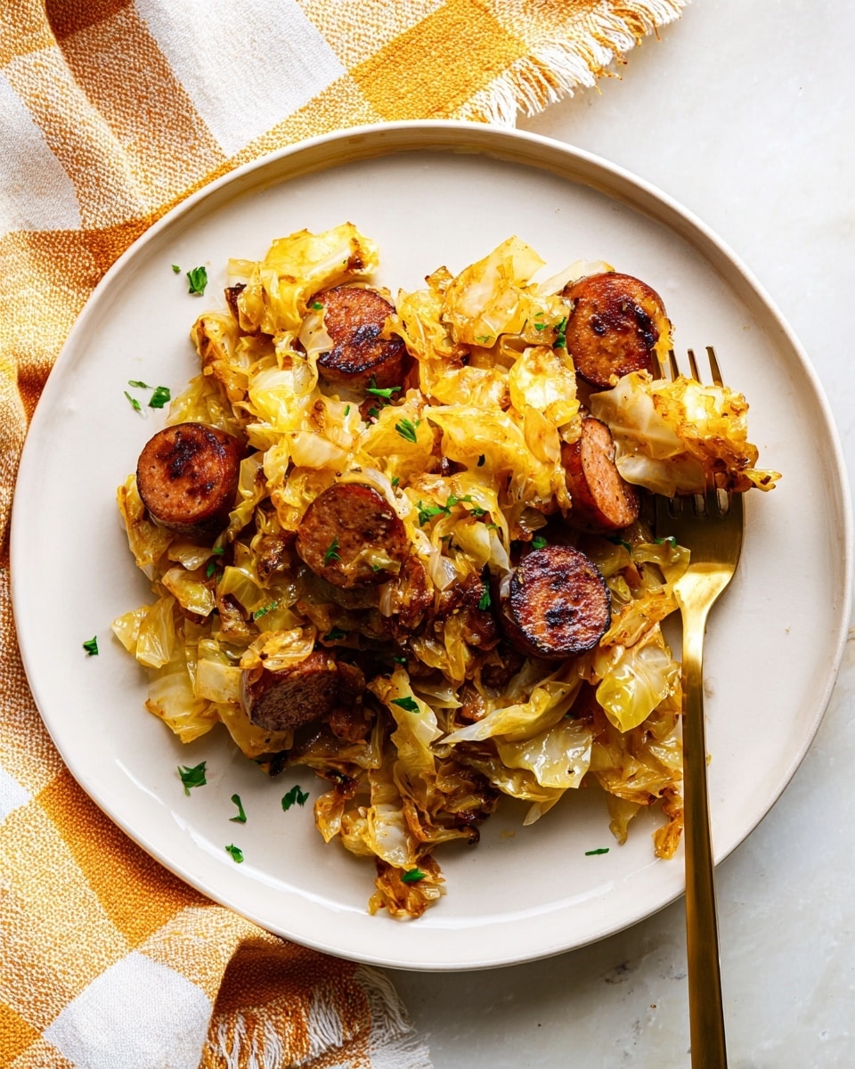 Sliced browned sausages and cooked cabbage pieces mix together in a blue and white patterned white plate. The sausages are dark reddish brown with a slightly crispy texture, while the cabbage is light yellow and white with some browned edges, showing it is cooked. Small green herb bits are sprinkled on top for color. A golden spoon rests on the left side of the plate. The plate sits on a white marbled surface. Photo taken with an iphone --ar 4:5 --v 7