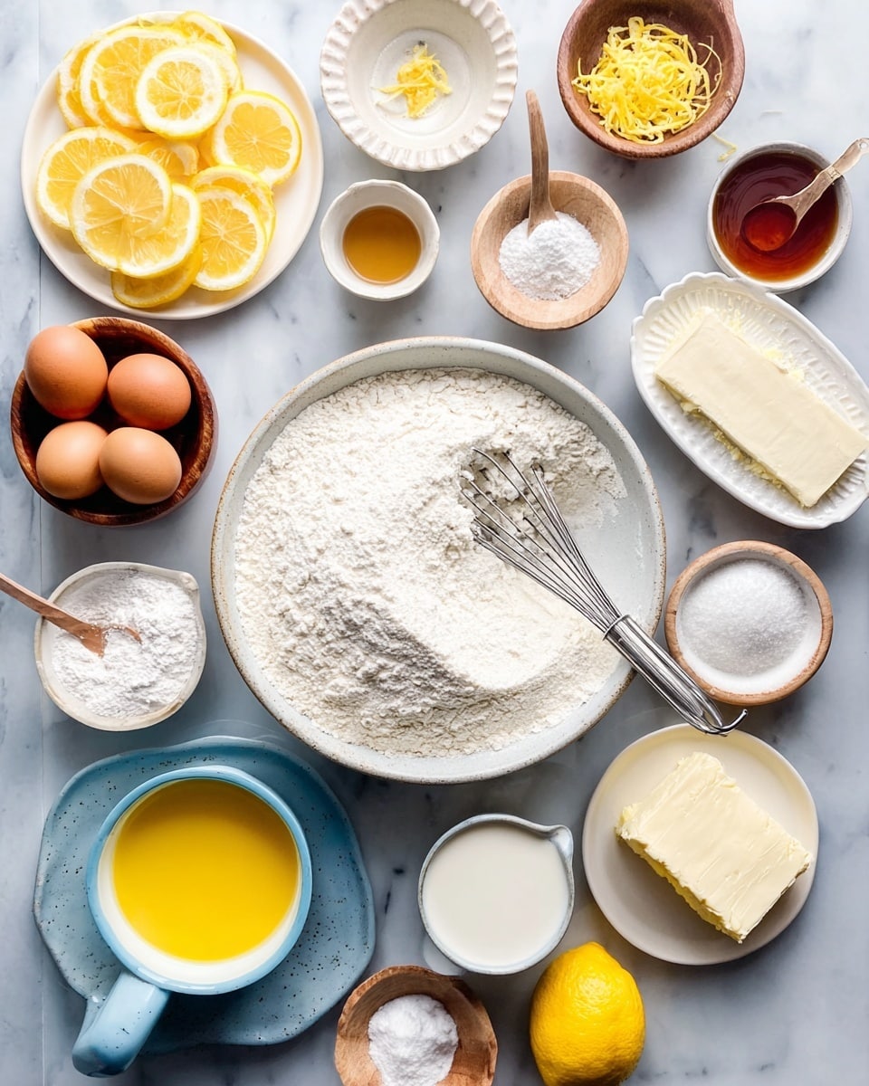 A white baking dish holds about nine soft cinnamon rolls arranged close together, each roll showing visible spiral layers of light brown dough. The rolls are thickly coated with a smooth, creamy white glaze that almost completely covers them, with a few small spots where the golden dough peeks through, and they are lightly sprinkled with bright yellow lemon zest. Three thin slices of fresh lemon sit on the edge of the dish, adding a pop of color. The dish rests on a white marbled surface. Photo taken with an iphone --ar 4:5 --v 7