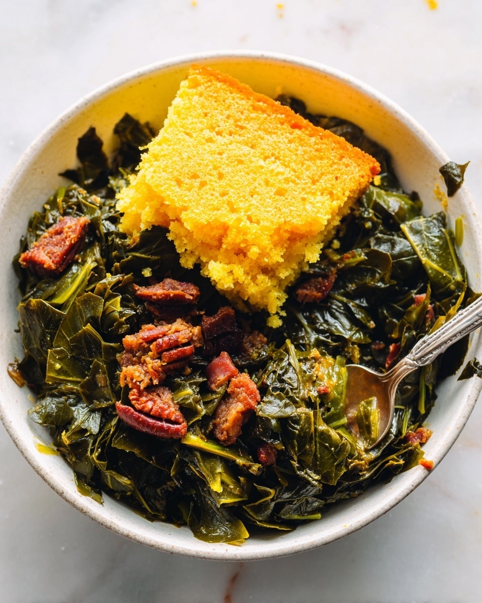 A white bowl filled with two layers of food sits on a white marbled surface. The bottom layer is made of dark green cooked leafy greens with pieces of reddish-brown meat mixed in. On top, there is a square piece of bright yellow cornbread with a textured, slightly crumbly surface. A silver fork is placed inside the bowl, resting near the greens. The photo taken with an iphone --ar 4:5 --v 7