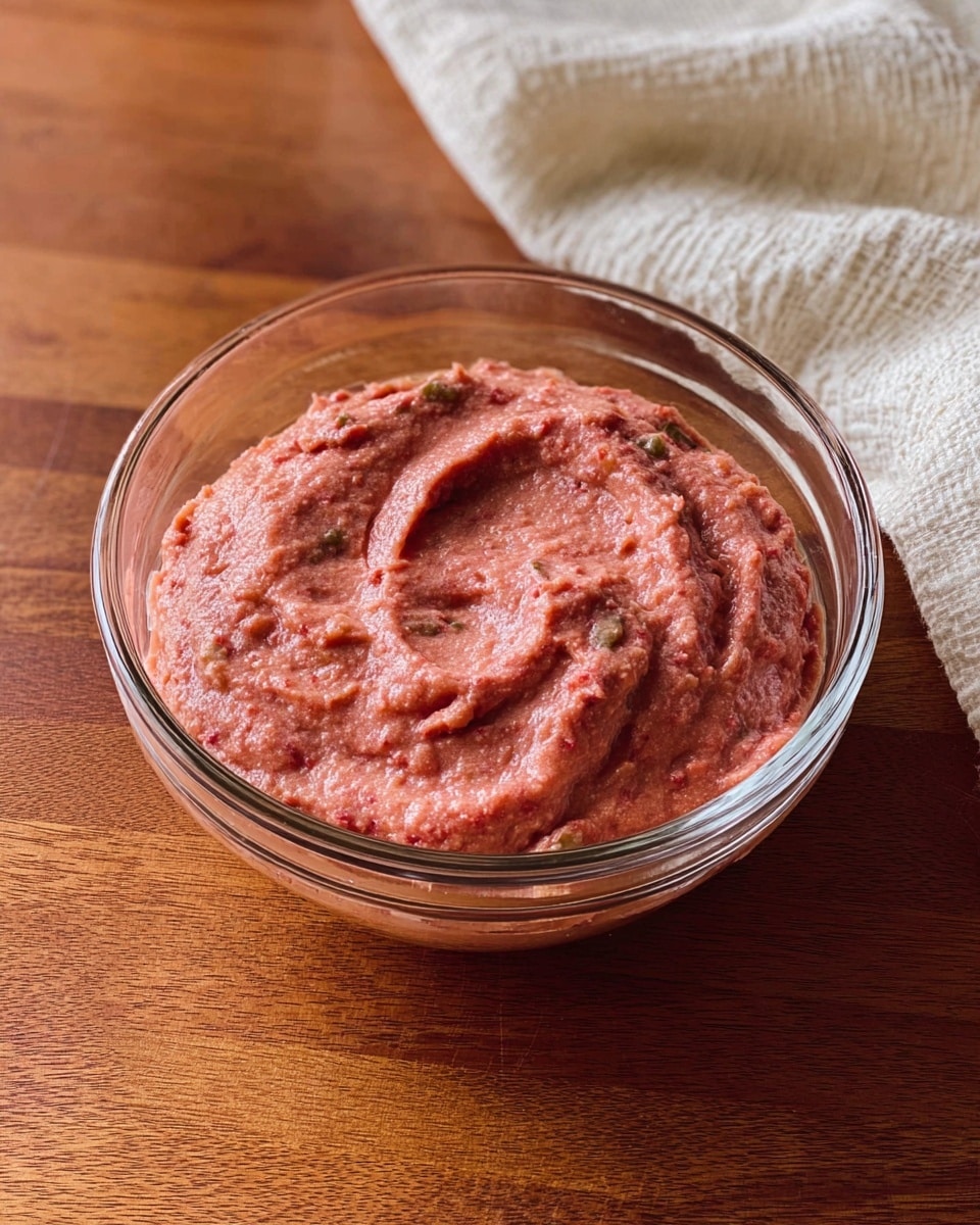 A clear glass bowl filled with a thick, pinkish-red mixture that has a slightly chunky texture with small green pieces scattered throughout, sitting on a warm brown wooden surface with a white textured cloth to the top right. The mixture looks soft and creamy with some uneven swirls on the surface, and bits of vegetables or seasoning can be seen mixed in. photo taken with an iphone --ar 4:5 --v 7