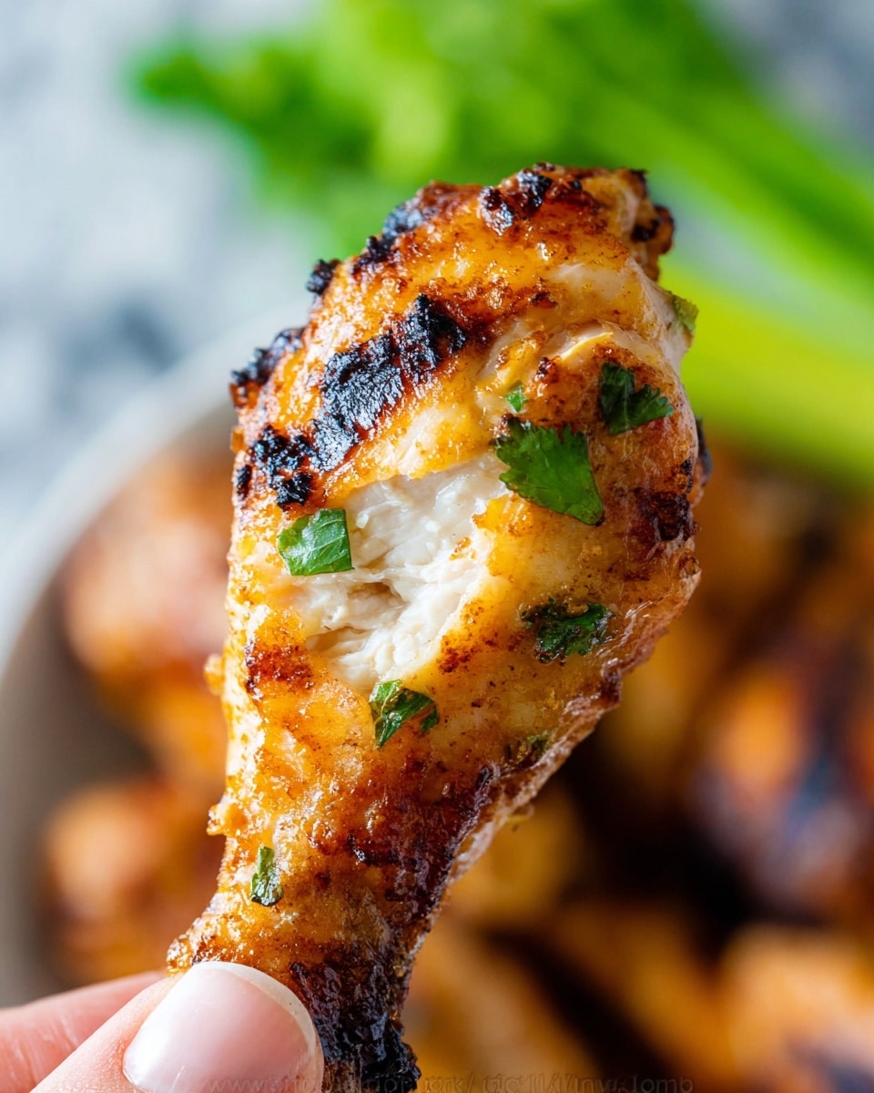 A white round plate filled with a layer of golden-brown cooked chicken wings, showing a crispy texture with small green herb pieces sprinkled on top. To the left side, bright green celery sticks are neatly placed in a small stack, adding fresh color contrast to the warm tones of the wings. The plate rests on a white marbled surface. photo taken with an iphone --ar 4:5 --v 7