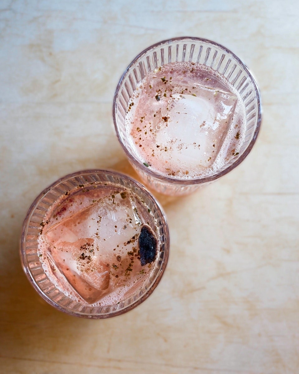Two clear glasses with ridged texture are filled with a light pink drink that has small bits and bubbles on top. Each glass holds a large clear ice cube and a small dark piece resting near the ice. The glasses sit on a white marbled surface that looks smooth and shiny. The photo is taken from above showing the round openings of the glasses. photo taken with an iphone --ar 4:5 --v 7