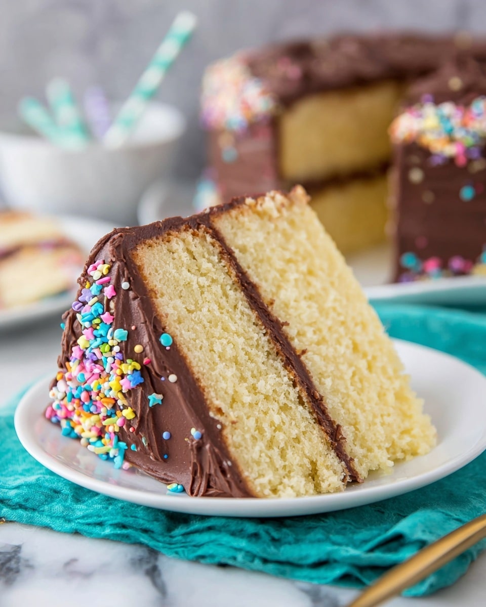 A slice of two-layer vanilla cake is shown on a white plate, each layer is light yellow and fluffy. Between the layers, and covering the entire cake slice, is a smooth, thick layer of dark chocolate frosting. On the side of the cake, the chocolate frosting is decorated with colorful round and star-shaped sprinkles. The plate rests on a teal cloth on a white marbled surface. In the background, a blurred chocolate frosted cake and some more cake slices are visible. Photo taken with an iphone --ar 4:5 --v 7