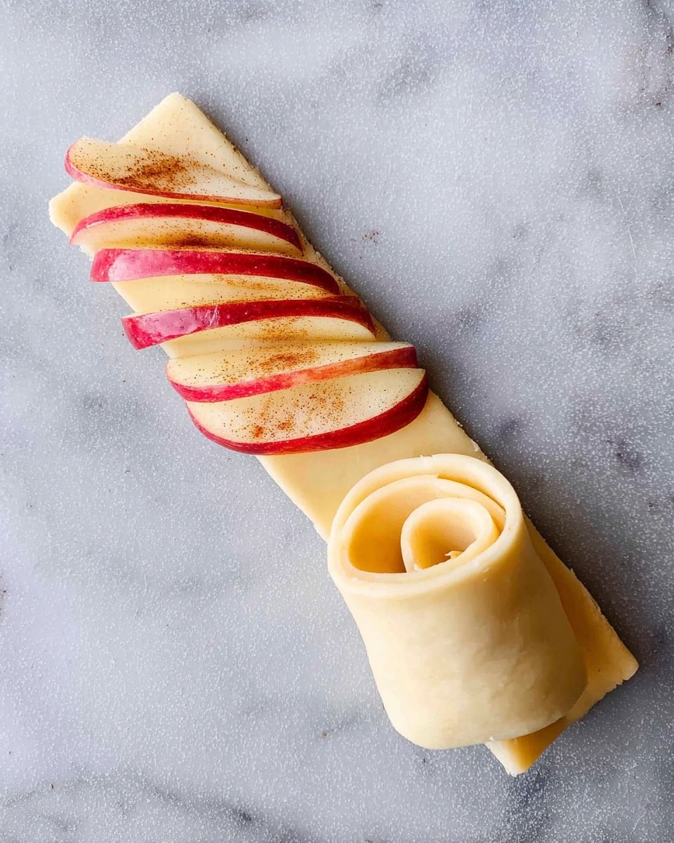 A small dessert shaped like a rose with multiple layers; the base layer is a pale yellow dough folded into a cup shape with soft creases, and inside are thin apple slices with red edges arranged in overlapping concentric circles creating delicate rose petals, the apple slices have a light dusting of cinnamon giving a speckled brown texture; the whole rose sits on a white marbled surface with a wooden rolling pin blurred in the background; photo taken with an iphone --ar 4:5 --v 7