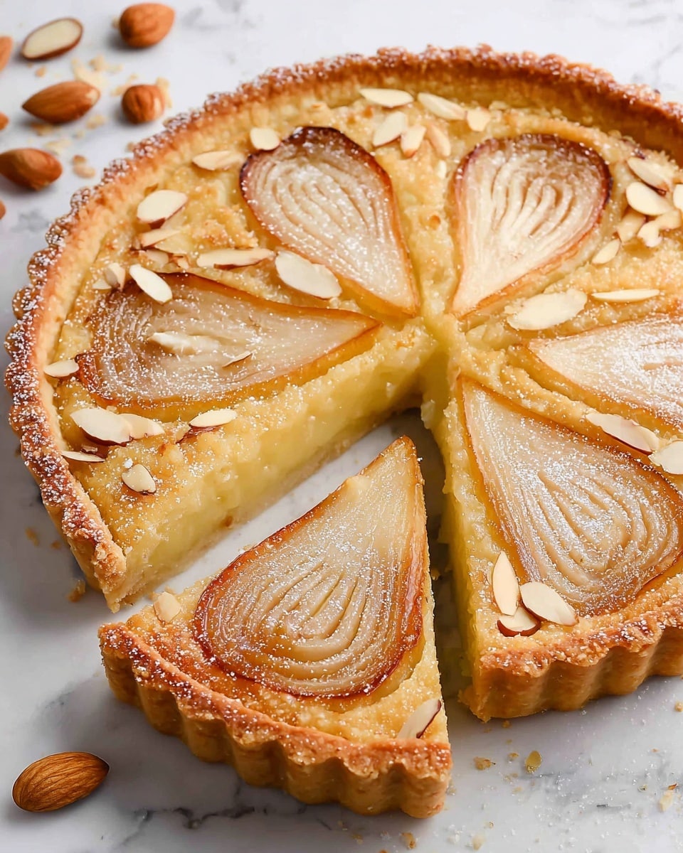 A round tart with a golden-brown crust edges it neatly, set on a white marbled surface. Inside, there are six sections of thinly sliced pear pieces fanned out in a smooth, pale yellow-green color with a slightly translucent texture. Each pear section is separated by golden almond cream filling sprinkled with light powdered sugar. Scattered almond slices accent the filling in a few small clusters. The tart sits flat with a delicate, crisp texture visible on the crust and topping. Photo taken with an iphone --ar 4:5 --v 7
