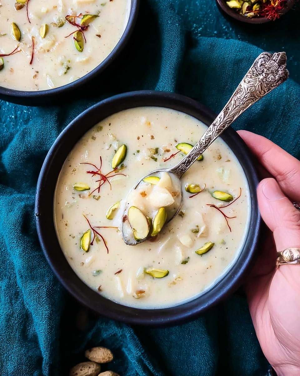 A black bowl filled with creamy, light beige soup that has a smooth and slightly thick texture, mixed with small chunks of white and light yellow nuts or fruits. The soup is topped with thin slices of green pistachios and a hint of red saffron strands scattered on top. A woman's hand holds an ornate silver spoon inside the bowl, lifting a spoonful of the soup with visible nuts and pistachio slices. The bowl rests on a dark teal cloth, while part of a second bowl with the same soup is visible at the top right. Photo taken with an iphone --ar 4:5 --v 7