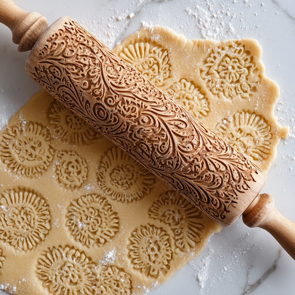 A top-down view of light brown dough rolled out flat on white parchment paper placed on a white marbled surface, with a detailed wooden rolling pin pressing a floral and swirl pattern into the dough. The dough has a smooth texture with some white flour dusted around the edges and an embossed section with intricate circular flowers and leaf designs. A woman's hands are shown on either side of the rolling pin gently pressing it down to create the patterns. Photo taken with an iphone --ar 4:5 --v 7
