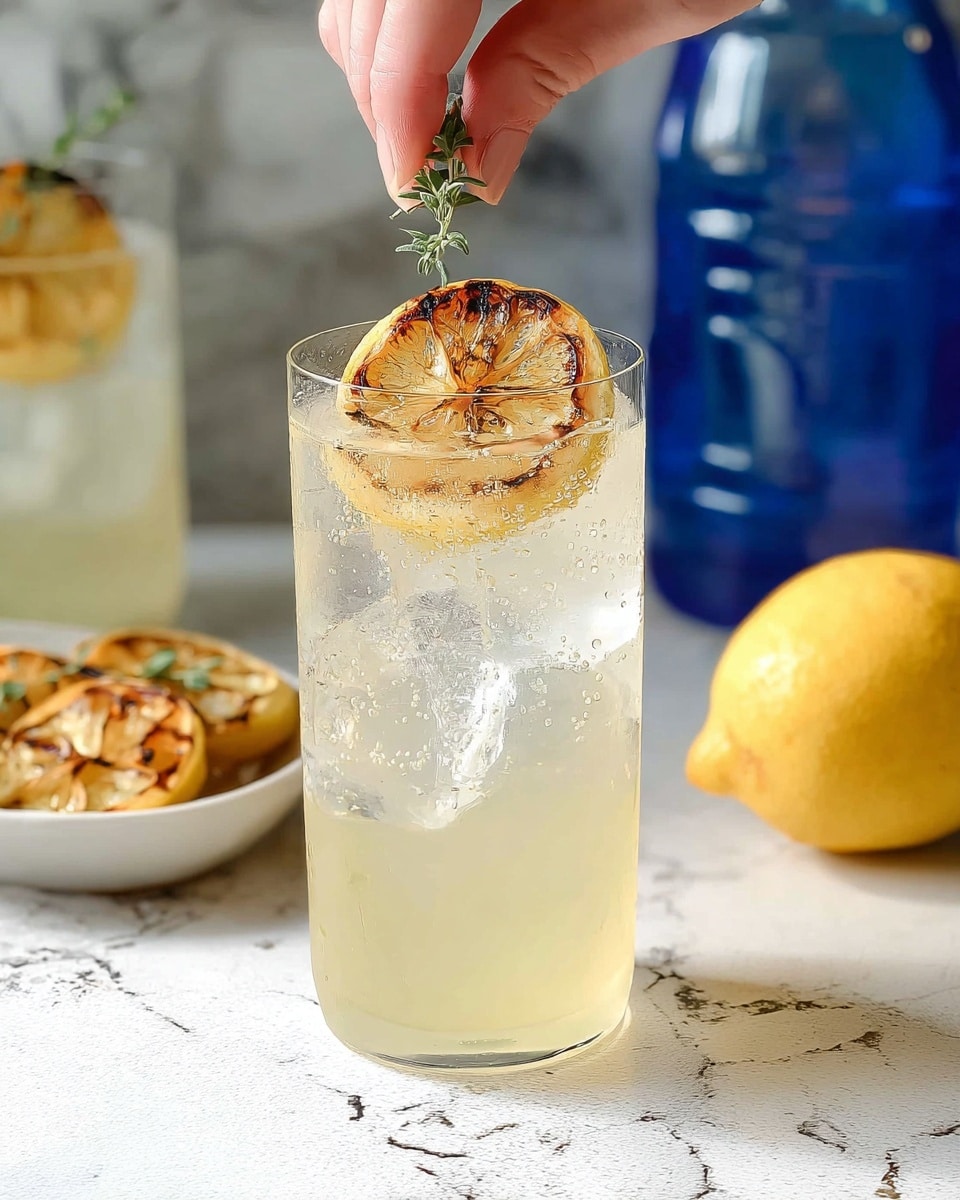 A clear glass filled with light yellow liquid and ice cubes, topped with a dried lemon slice and a small green herb sprig placed vertically through the lemon at the glass rim; in the background, a second similar glass and a tall blue bottle stand on a dark tiled surface, with a bright yellow lemon and white plate with more dried lemon slices slightly blurred behind them, all set against a white marbled texture. photo taken with an iphone --ar 4:5 --v 7