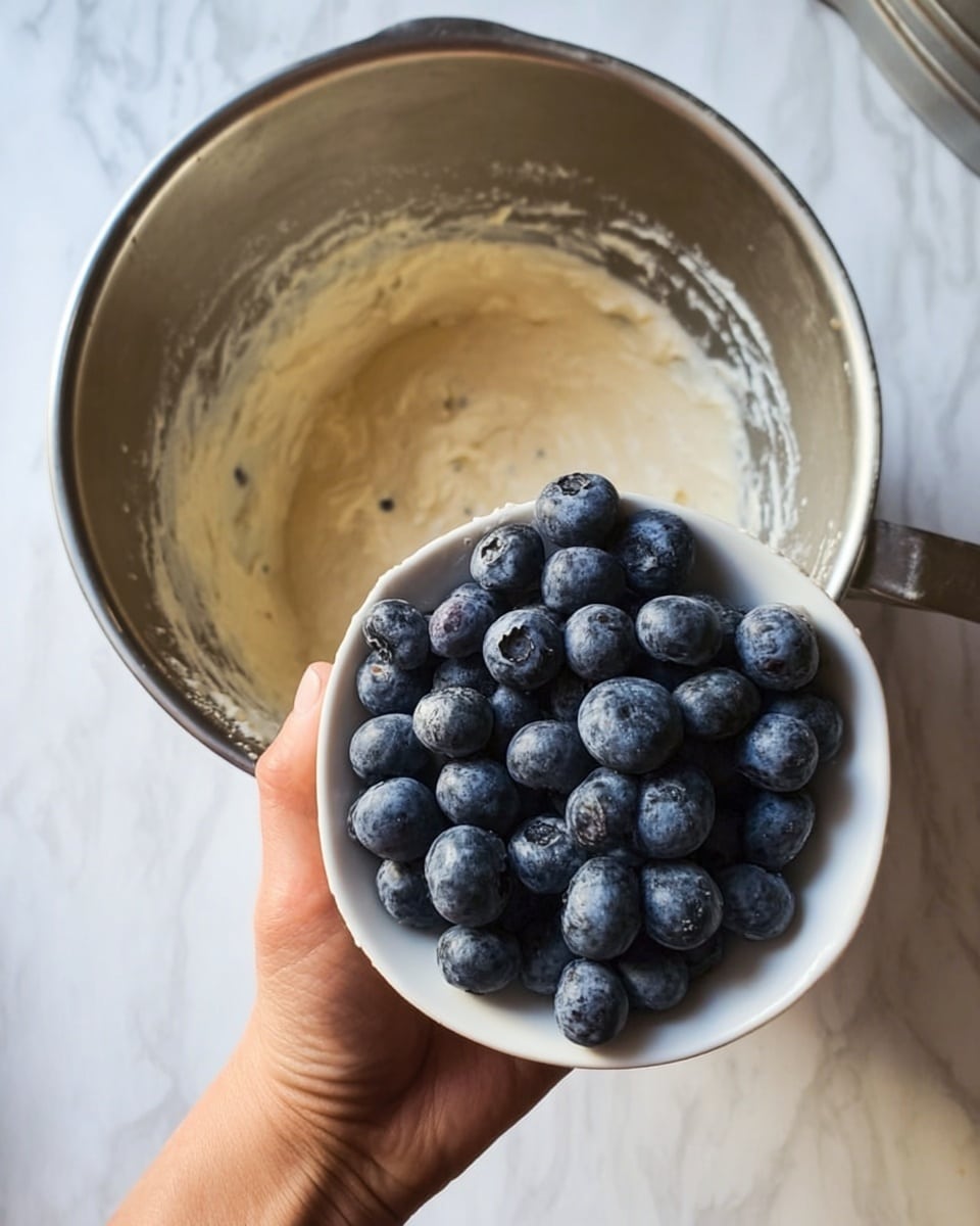 Seven lightly golden blueberry muffins are placed on a white marbled surface. Each muffin has a rounded top with cracks revealing the soft, light interior mixed with dark blue blueberries peeking through. The blueberries add spots of deep purple and blue inside the muffins and a few fresh blueberries are scattered around them on the surface. The muffins have a slightly rough, crumbly texture on top, showing a mix of light brown and pale yellow colors. photo taken with an iphone --ar 4:5 --v 7