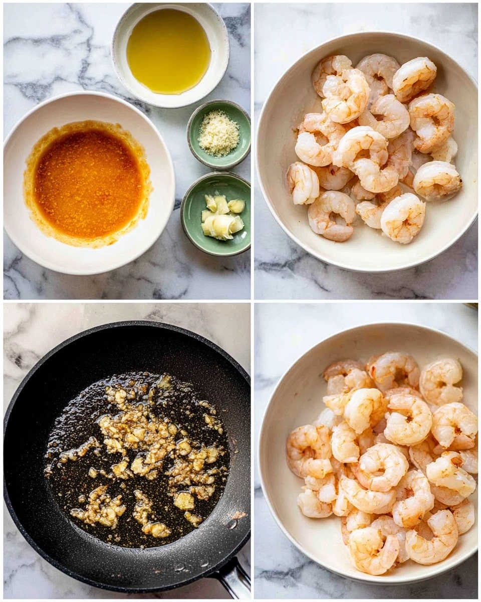 The image shows four smaller photos arranged in a grid on a white marbled surface. The top left photo has two white bowls: one filled with an orange sauce and the other with raw peeled shrimp that are off-white with hints of pink. The top right photo shows the shrimp now placed in a single white bowl, along with small green ceramic dishes holding minced garlic and minced ginger, and a small white bowl with a golden liquid. The bottom left photo shows a black frying pan with small browned bits frying in oil, likely garlic and ginger, with a bubbling texture. The bottom right photo shows shrimp cooking in the same pan, turning out light pink with some brown edges, with faint steam rising. photo taken with an iphone --ar 4:5 --v 7