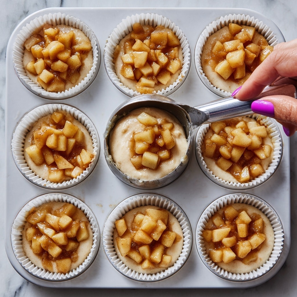 A close-up view of a white muffin tin with nine white paper liners inside, each layered with a creamy light brown batter at the bottom, about half full. On top of the batter in some cups, there is a chunky layer of cooked, diced apples with a golden brown and slightly shiny appearance. A woman's hand with light purple nail polish is holding a metal ice cream scoop, placing a mound of apple topping into one of the muffin liners. The scene is set against a white marbled surface. photo taken with an iphone --ar 4:5 --v 7