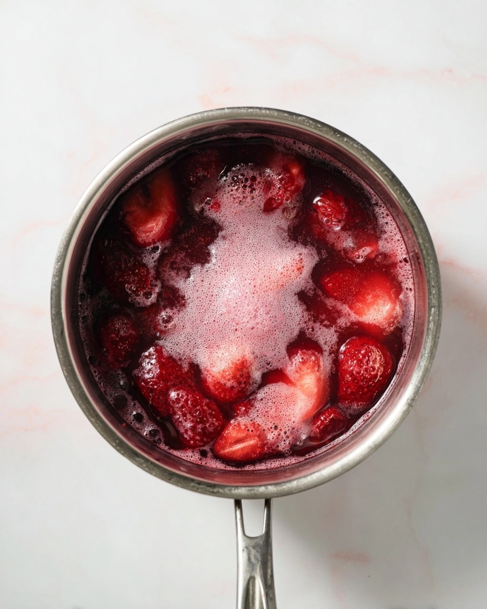 A top view of a silver metal pot filled with bright red strawberry pieces and bubbles on the surface, showing the fruit cooking in a thick, dark red liquid with pink foam in the center. The strawberries vary in size and texture, some whole and some soft, surrounded by the deep red syrup. The pot rests on a white marbled surface, and the image is bright with soft natural light, highlighting the shiny metal and rich colors of the strawberries. Photo taken with an iphone --ar 4:5 --v 7