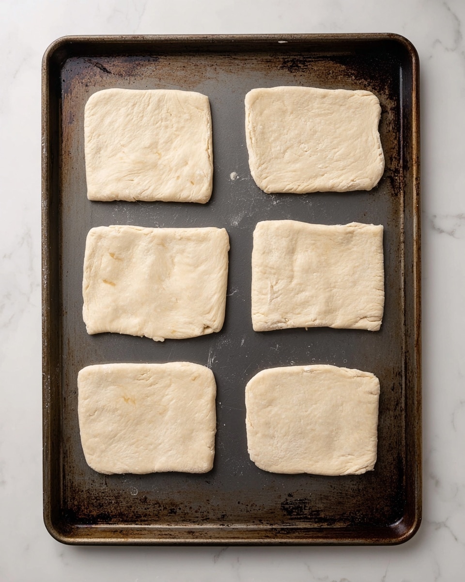 A dark gray baking tray with slight rust and marks holds five rectangular sheets of uncooked dough evenly spaced out in two rows, with two sheets on top and three on the bottom. Each dough sheet is pale beige with a soft, slightly floury texture and uneven edges. The baking tray is set on a white marbled surface. photo taken with an iphone --ar 4:5 --v 7