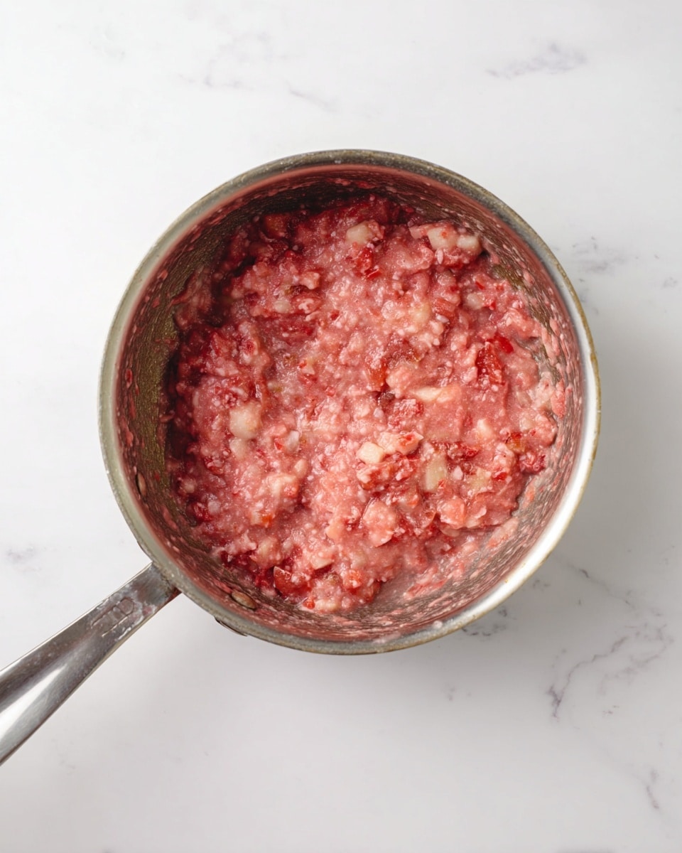 A close-up top view of a shiny metal saucepan filled with a chunky mixture that has thick, uneven textures. The mixture is mostly pinkish red with bits of brighter red and light cream pieces scattered throughout. The inside surface of the saucepan is smooth and clean except for the mixture clinging to the sides. The saucepan handle extends out to the left over a white marbled surface. photo taken with an iphone --ar 4:5 --v 7