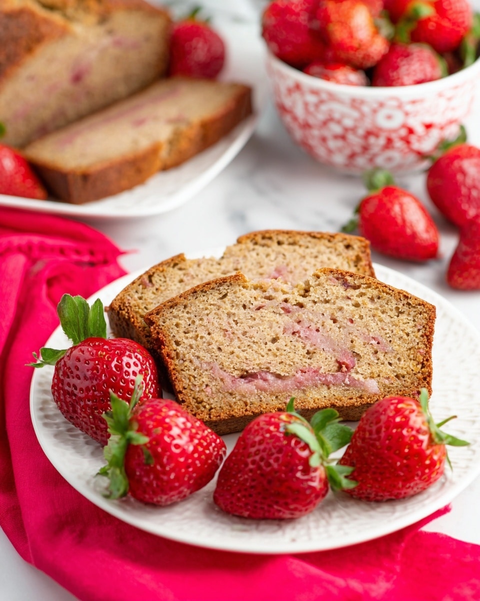 Two thick slices of strawberry banana bread are stacked on a white plate. The top slice has a half fresh strawberry with green leaves placed on it. The bread has a golden brown crust with a soft, light brown inside showing bits of red strawberry. In the background, a white plate holds the rest of the loaf with several thick slices, and a red patterned bowl filled with whole bright red strawberries is visible. In the foreground, a golden fork holds a small piece of the bread. A yellow banana and a red cloth napkin are also on the white marbled surface around the plate. Photo taken with an iphone --ar 4:5 --v 7