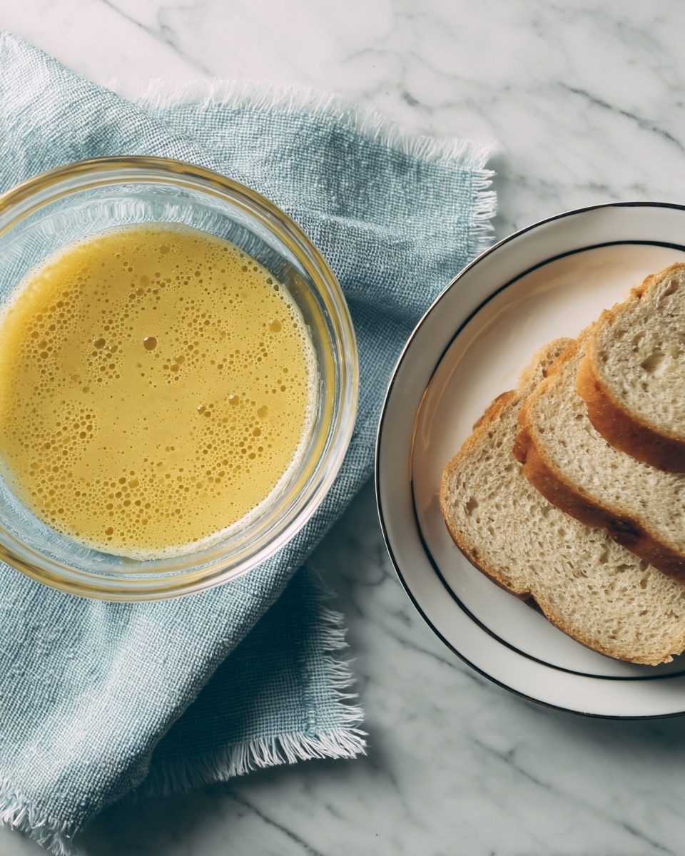 The image shows a clear glass bowl with a bubbly yellow mixture inside, sitting on a soft light blue cloth with frayed edges. To the right, there is a white plate with a thin dark rim holding five thick slices of light brown bread, showing a soft crumb texture. Both the bowl and plate are placed on a white marbled surface that adds a subtle luxury feel to the setting. photo taken with an iphone --ar 4:5 --v 7