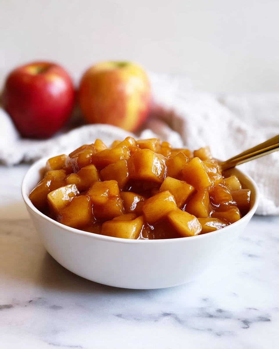 A white bowl filled with small, caramel-brown, cooked apple cubes piled high, showing a shiny and slightly sticky texture, with a brass-colored spoon resting inside the bowl. In the background, two apples—one red and one red-yellow—are softly blurred alongside a white cloth, all set on a white marbled surface. photo taken with an iphone --ar 4:5 --v 7