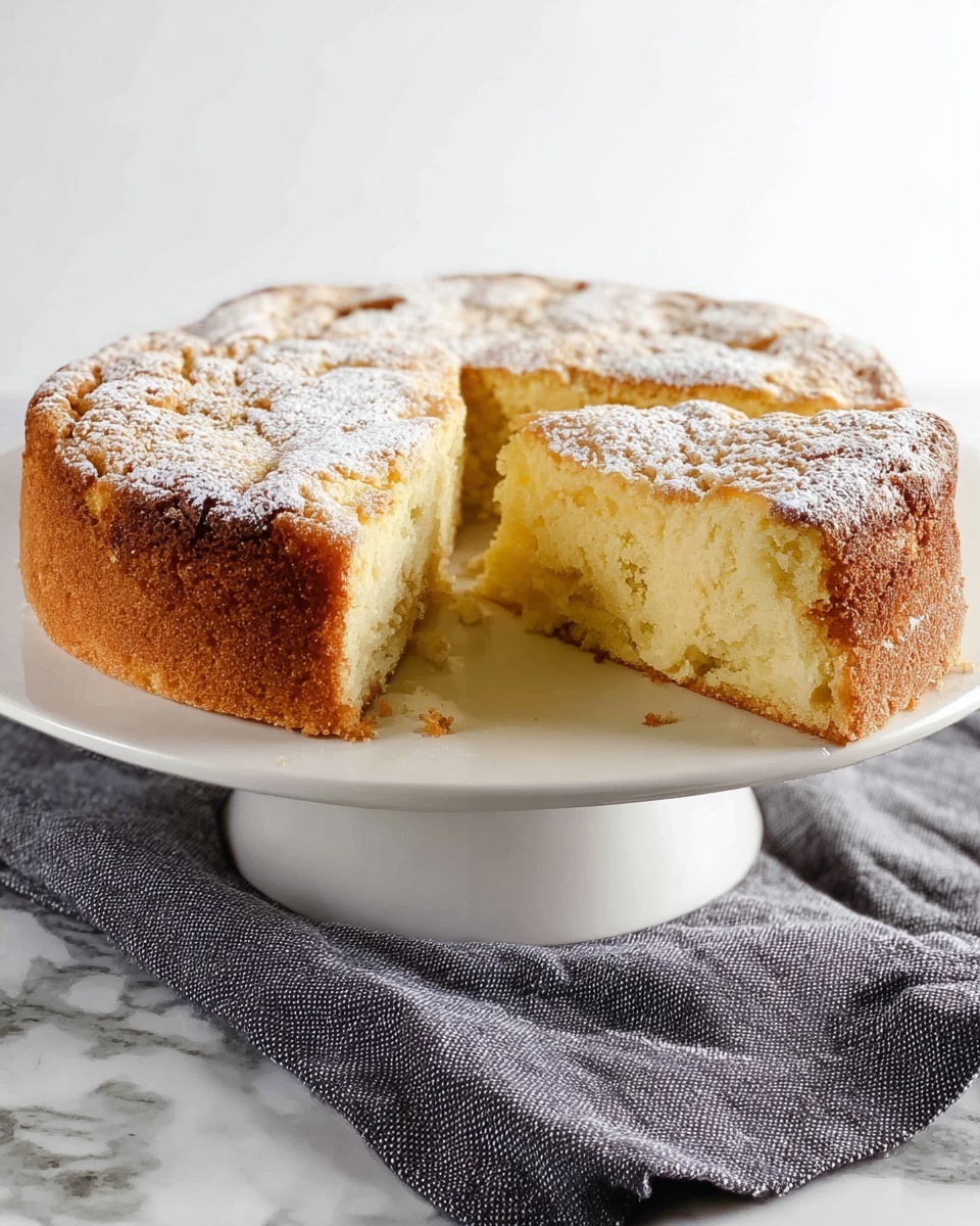 A round, thick cake about two layers high, with a golden brown crust and a soft, pale yellow inside showing where a slice has been removed from the front right side. The top layer is dusted lightly with white powdered sugar, giving it a textured look. The cake sits on a white cake stand with a raised base, placed on a gray cloth on a white marbled surface. The background is plain white. Photo taken with an iphone --ar 4:5 --v 7