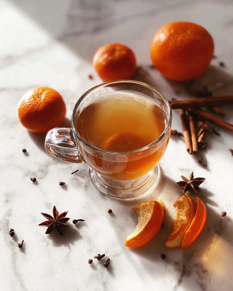 A clear glass cup filled nearly to the top with warm amber-colored liquid, with three dark brown cloves floating on the surface as small, spiky accents. A woman's hand with red nail polish and a fuzzy white sweater holds the cup by its handle, centered in the image. In the blurred white marbled background, there are whole bright orange apricots scattered around softly. The colors contrast nicely, with the warm amber, deep brown cloves, and bright orange fruits standing out against the soft white textured surface. Photo taken with an iphone --ar 4:5 --v 7