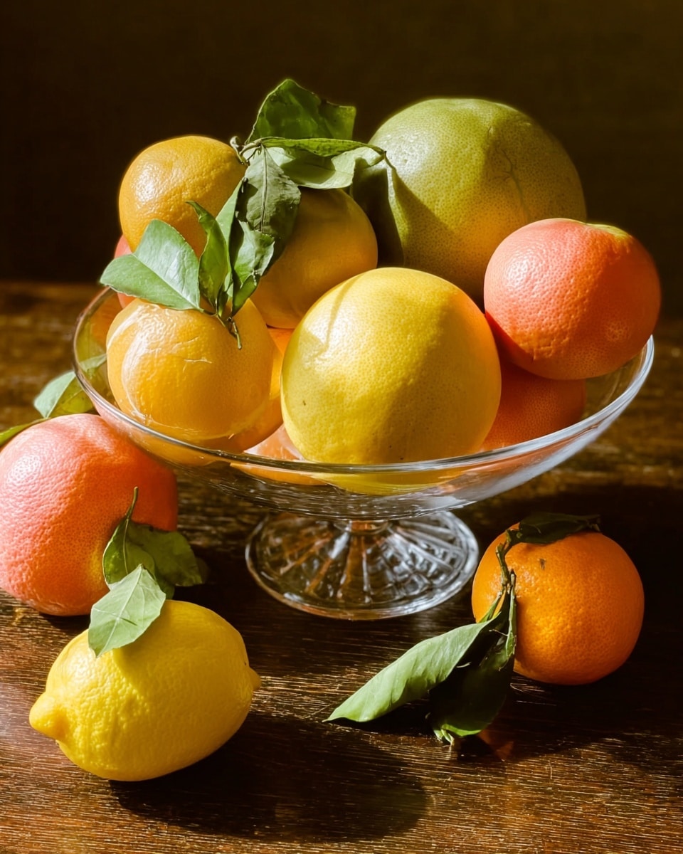 A clear glass bowl filled with a mix of large citrus fruits including greenish-yellow pomelos, yellow lemons, and orange grapefruits, piled up with some fruits partially showing their rough skin texture. Outside the bowl, on a brown wooden surface, there are more citrus fruits scattered, including a bright yellow lemon with a green leafy stem and several oranges. The lighting highlights the round shapes and textured rinds of the fruits, giving a fresh and vibrant look photo taken with an iphone --ar 4:5 --v 7