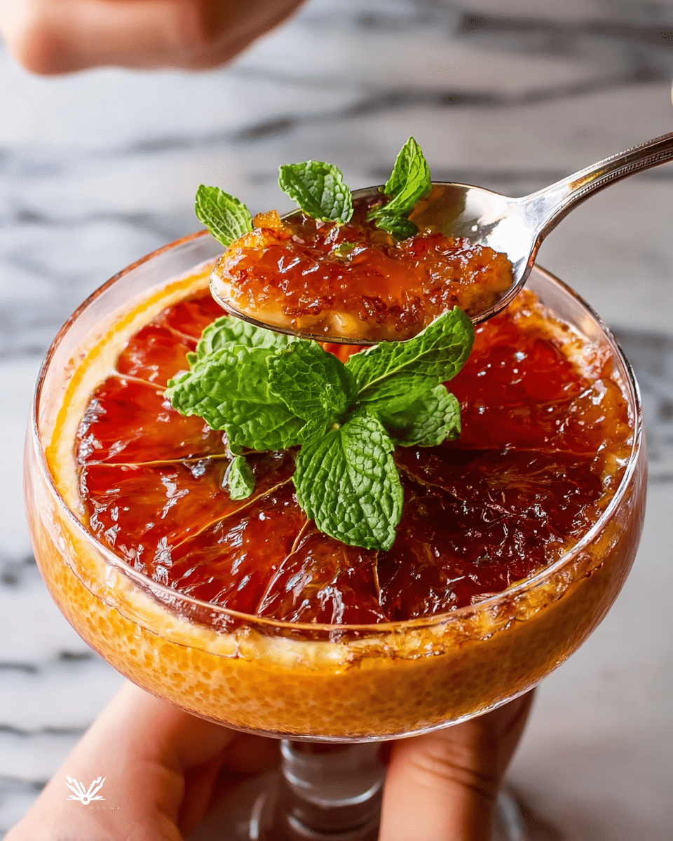 A dessert featuring a halved orange with a caramelized, shiny red-brown sugar layer on top, slightly textured and glistening, garnished with a small bunch of fresh green mint leaves in the center, all placed on a clear glass filled with crushed ice. A woman's hand is holding the glass from below, and another woman's hand is lifting a spoonful of the caramelized fruit layer. The background has a white marbled texture. Photo taken with an iphone --ar 4:5 --v 7