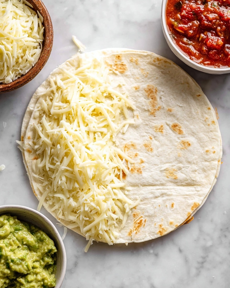 A white plate holds a stack of three folded quesadilla layers, each golden brown with melted cheese slightly oozing from between the thin, crispy layers. On top, and to the side, there are three dollops of creamy white sour cream, a bright green scoop of chunky guacamole, and some red salsa with visible pieces of garlic. Small green parsley leaves are sprinkled over the quesadillas and sauce, all against a white marbled background. photo taken with an iphone --ar 4:5 --v 7