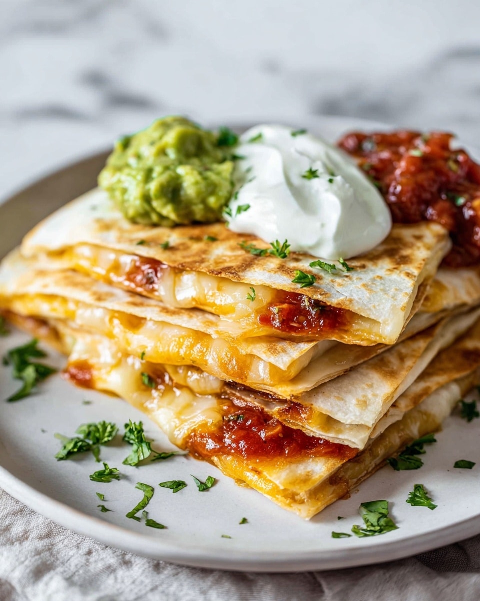 A large flat white tortilla is shown from above on a white marbled surface, with shredded white cheese spread on the left half of the tortilla, some cheese spilling over the edge onto the surface. Around the tortilla, there are three bowls: the top left holds more shredded white cheese, the top right has red salsa with visible seeds and bits, and the bottom right contains chunky green guacamole. The scene is bright and clean with a close-up focus on the cheese and tortilla. photo taken with an iphone --ar 4:5 --v 7