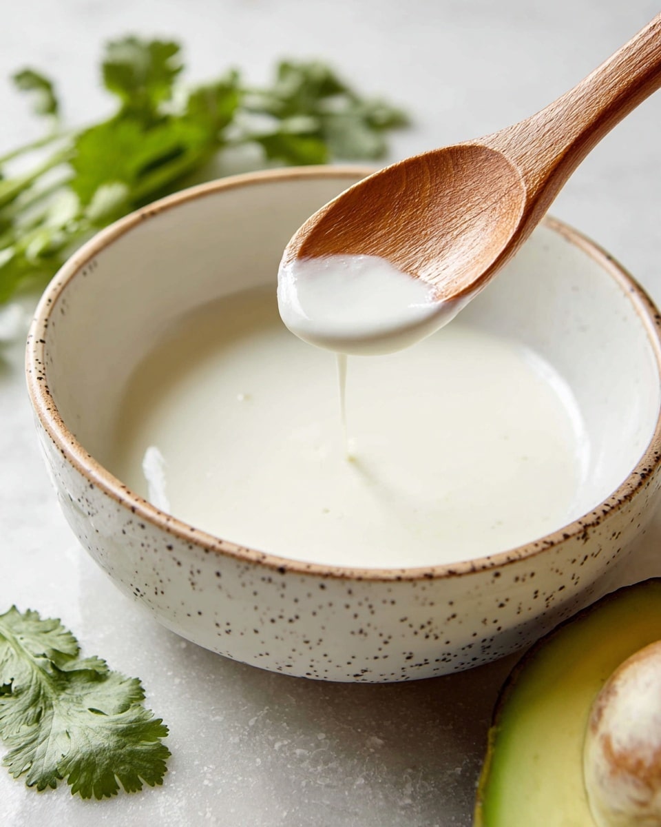 The image shows three small white tortillas as the base layer, each topped with melted cheese that is pale yellow and smooth. On top of the cheese, there is cooked, browned chicken with a slightly charred texture and rich orange-brown color. The chicken is garnished with fresh chopped green cilantro leaves scattered around. There are also dollops of bright green guacamole on the tortillas, adding a creamy texture. A woman's hand is holding a blue and white spoon pouring a thick white sauce over the chicken. In the background, there is a squeezed lime half resting on a wooden surface, all placed on a white marbled texture. Photo taken with an iphone --ar 4:5 --v 7