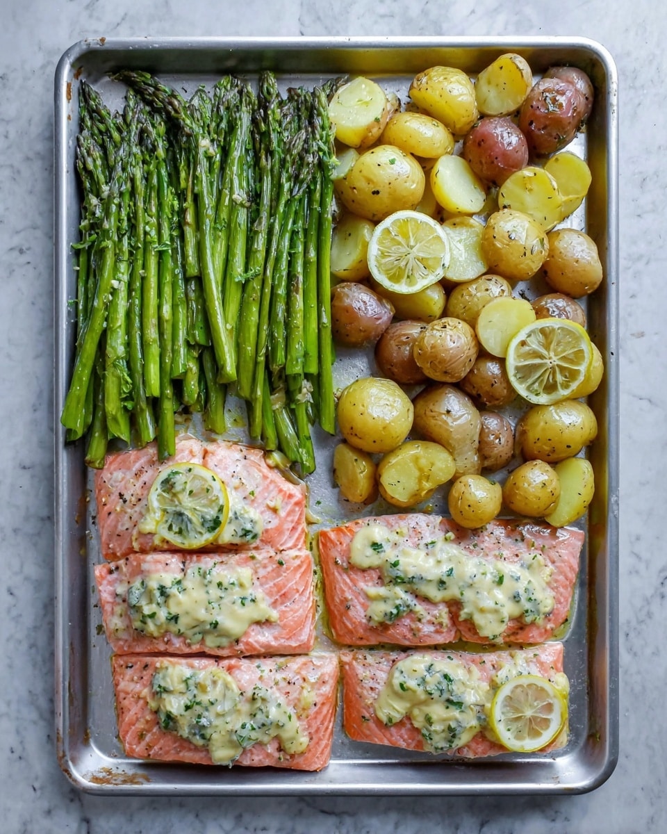 A silver baking tray on a white marbled surface holds a meal with three main parts: on the left side, a bunch of cooked green asparagus spears packed closely, slightly shiny with seasoning; in the middle and top right corner, many small round yellow potatoes, some whole and some sliced in half, mixed with lemon slices, showing a golden roasted look; on the right bottom side, four pink salmon fillets topped with a creamy white sauce speckled with green herbs. photo taken with an iphone --ar 4:5 --v 7