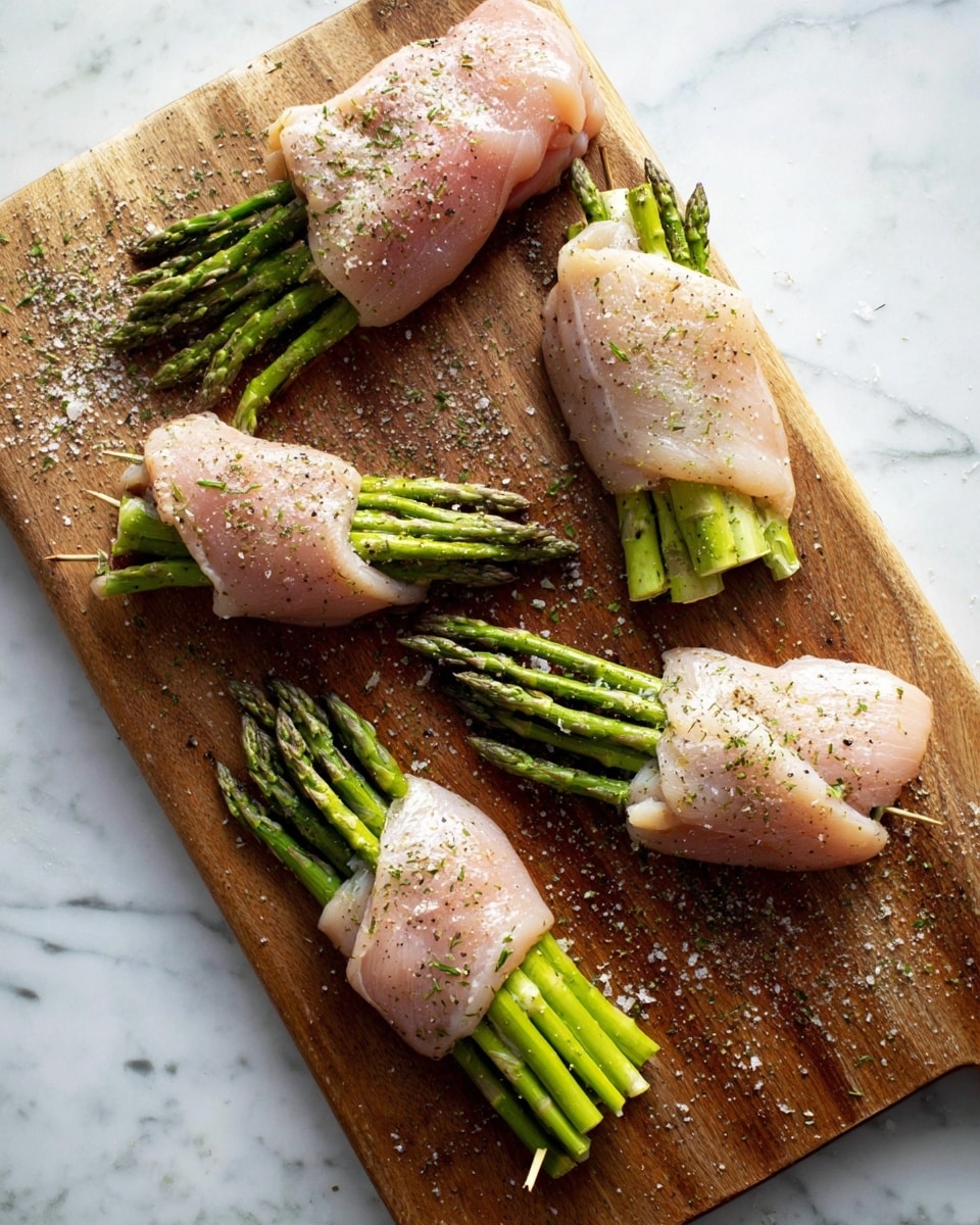 The image shows a wooden cutting board placed on a white marbled surface with raw chicken slices and green asparagus spears arranged on it. There are four raw chicken slices in pale pink, two of which have five or six green asparagus stalks laid on top and are loosely rolled around the stalks, fastened with toothpicks to hold the shape, sprinkled with coarse salt and black pepper. The other two chicken slices are laid flat, also topped with about five asparagus stalks each, and also sprinkled with coarse salt and herbs. The scene is bright with natural lighting, highlighting the fresh ingredients. Photo taken with an iphone --ar 4:5 --v 7